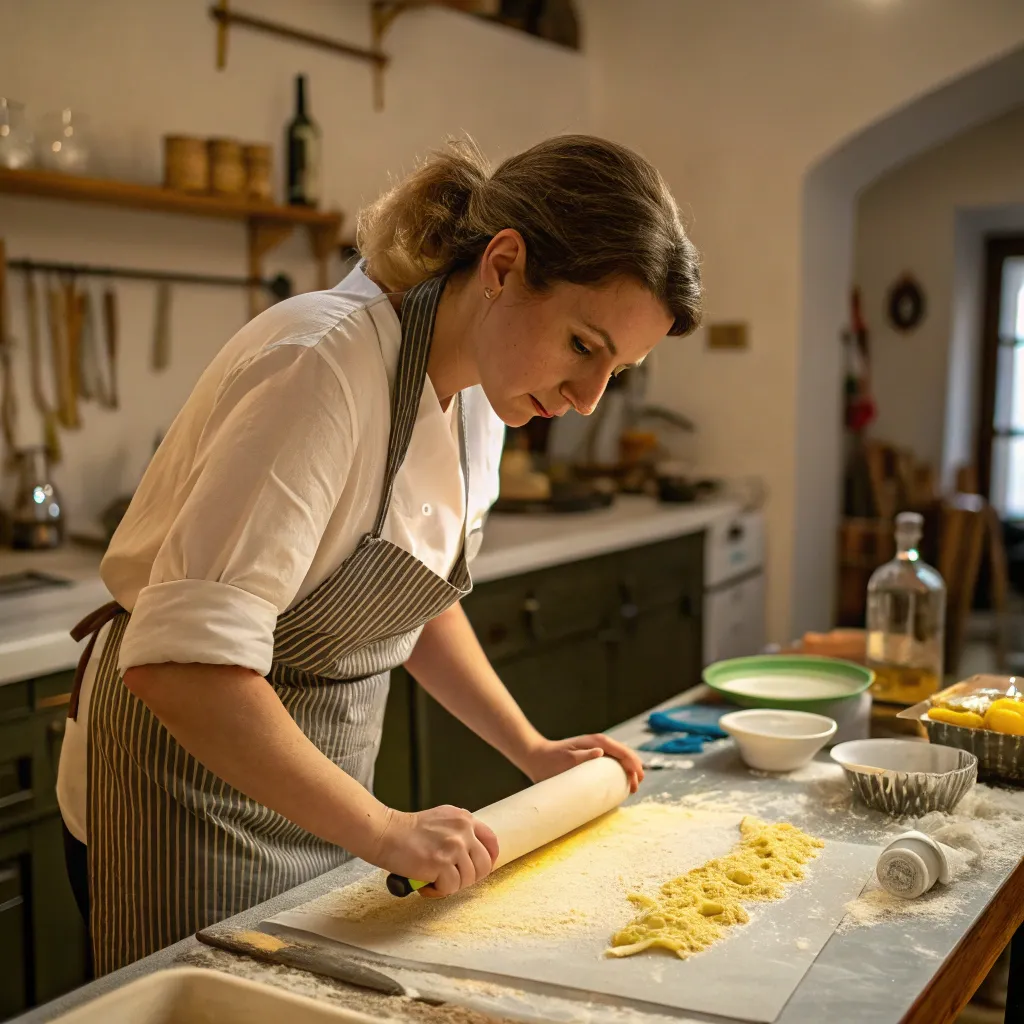 Emma preparing homemade pasta during LYRENTHIA's cooking class