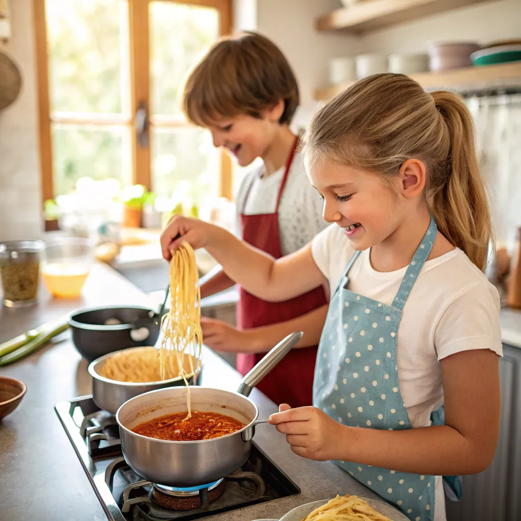 Children learning to make spaghetti